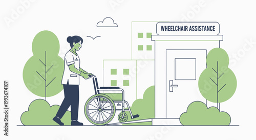 Nurse Pushing Wheelchair Towards Building Entrance for Patient Transport and Assistance