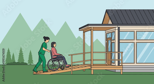 Nurse Pushing Wheelchair Up Ramp to House Entrance with Mountains Background