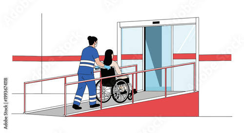 Nurse Pushing Wheelchair User Up Ramp Towards Automatic Doors