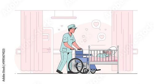 Nurse Pushing Wheelchair with Baby in Crib, Hospital Care Concept