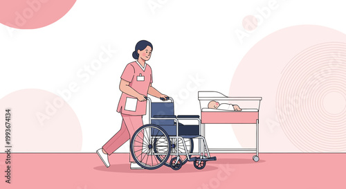 Nurse Pushing Wheelchair with Newborn Baby in Bassinet, Healthcare Concept