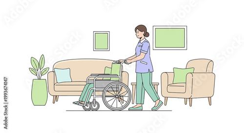 Nurse Pushing Wheelchair with Patient in Cozy Living Room, Home Care Assistance