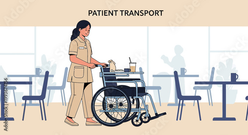 Nurse Pushing Wheelchair with Patient Belongings in Hospital Corridor