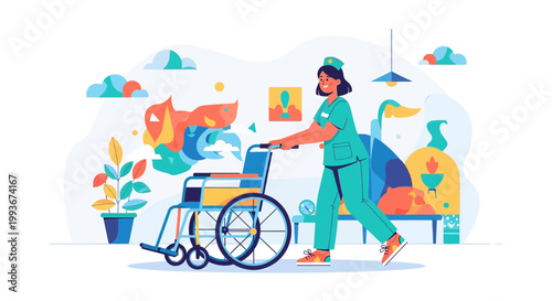Nurse pushing wheelchair, medical care, patient transport, rehabilitation, healthcare illustration