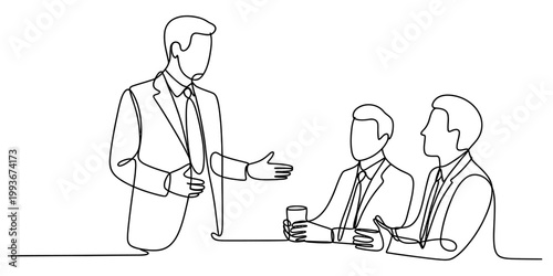 A single continuous line drawing of a professional business manager presenting ideas to two attentive colleagues. Vector, illustration