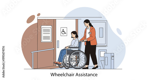 Nurse Pushing Woman in Wheelchair Through Hospital Entrance with Ramp