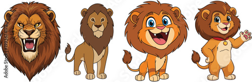 Cute Cartoon Lion Character Collection Set with Fierce, Friendly, and Baby Poses for Kids, Mascot, and Wildlife Animal Designs