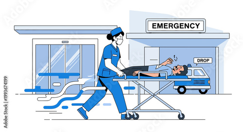 Nurse rushes patient on gurney to hospital emergency room entrance