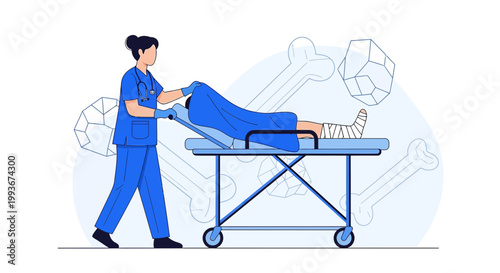 Nurse Transporting Injured Patient on Stretcher with Broken Leg in Hospital
