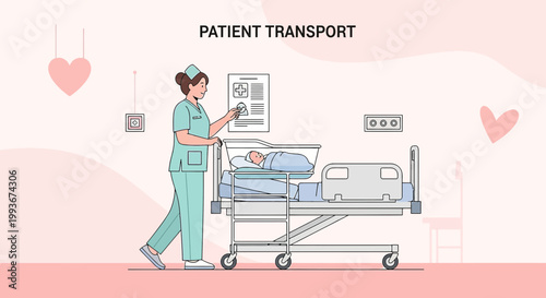 Nurse Transporting Newborn Baby in Bassinet Beside Hospital Bed