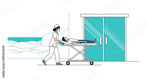 Nurse transports patient on gurney towards hospital entrance with abstract sea background