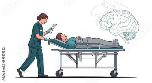Nurse transports patient on gurney with brain illustration, medical transport concept