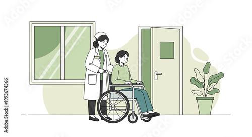 Nurse Pushing Patient in Wheelchair, Healthcare Assistance, Hospital Corridor