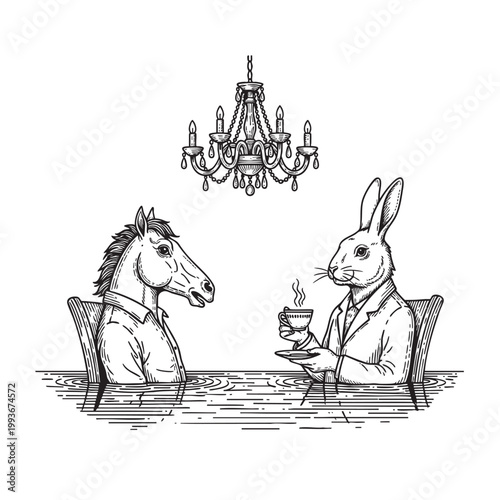 Horse and Rabbit in Suits Conversing Over Drinks Beneath a Chandelier — Surreal Gentlemen Ink Vector
