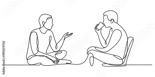 A single continuous line drawing of two people sitting together and having a friendly conversation with a drink. Vector, illustration