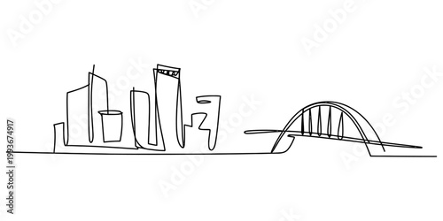 Minimalist continuous line art sketch of a modern urban city skyline featuring tall buildings and a large bridge Vector, illustration
