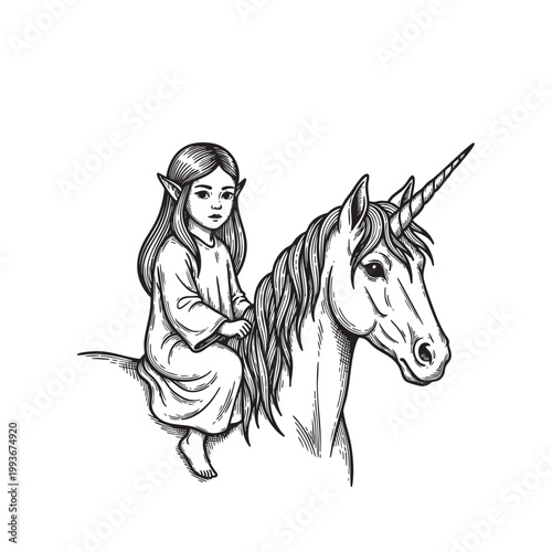 Young Elven Girl Riding a White Unicorn Through an Enchanted Realm — Fantasy Storybook Ink Vector