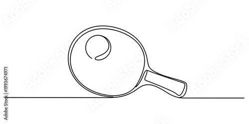 A single continuous line drawing of a ping pong paddle and a small ball resting on a flat surface for minimalist Vector, illustration