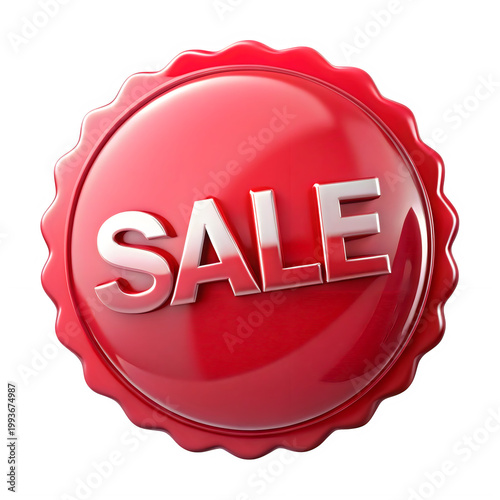 Red sale badge, round seal with textured edge, metallic silver text, promotional offer.