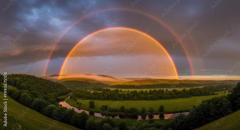 Fototapeta premium Sunset over rolling green hills.