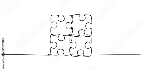 A minimalist single continuous line drawing of four connecting puzzle pieces against a clean white background. Vector, illustration