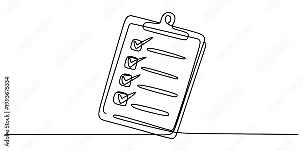 Naklejka premium A single continuous line drawing of a clipboard with a completed checklist of four items on a plain background. Vector, illustration