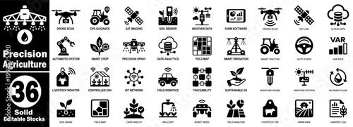 Solid editable stock icons for smart farming precision agriculture solutions and agricultural technology applications.