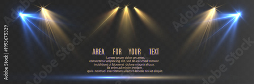 Blue and Warm Golden Stage Spotlights with Light Beams on Transparent Background, Empty Space for Text
