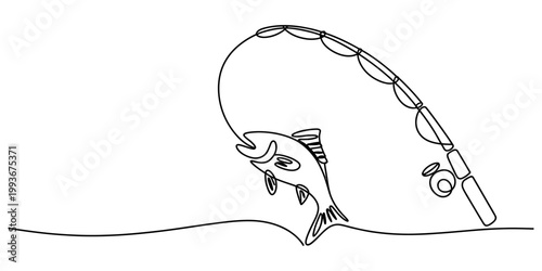 A single continuous line art drawing of a fish being caught on a fishing pole against a plain white background. Vector, illustration