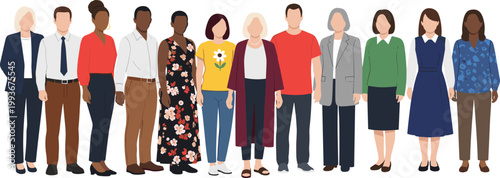 Colorful Flat Design Diverse Group of People Standing Together with Various Ethnicities and Outfits for Community and Social Designs