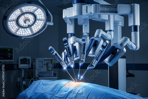 Advanced robotic surgery system performing minimally invasive procedure in modern operating room.