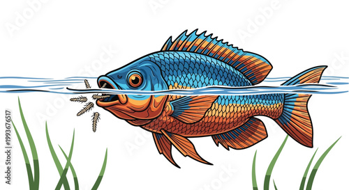 Close up artistic vector illustration of a freshwater fish catching insects from water surface isolated on white background