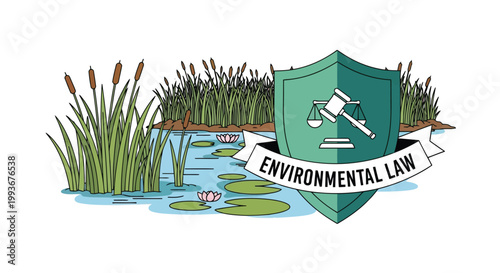 Environmental law concept with wooden gavel and scales on a shield near a marshland illustration isolated on white background