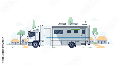 Flat vector illustration of a modern mobile laboratory truck parked in a rural village setting isolated on white background