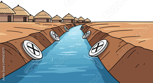 Rural village irrigation canal with environmental pollution warning signs along the muddy banks isolated on white background
