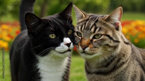 Friendly Felines: Two domestic cats in a moment of quiet connection, the black and white cat gazes directly at the viewer, while the tabby cat is captured with a soft gaze.