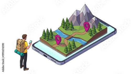 Smartphone navigation app with a hiker exploring a mountainous landscape with a river