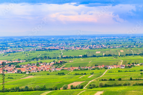 Фотография Vineyards surround a small town in the valley under a blue sky with clouds in th
