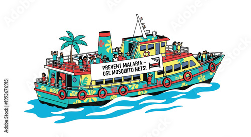 People on passenger boat with banner promoting malaria prevention and use of mosquito nets isolated on white background