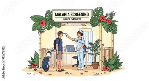 Nurse performing malaria screening for traveler at airport health checkpoint vector illustration isolated on white background