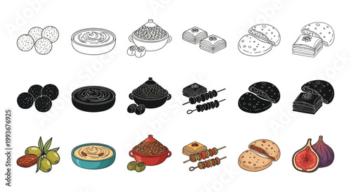 A collection of various food items including fruits pastries and cooked meats presented in a contrasting line art style silhouette