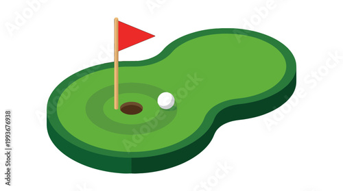 Vibrant isometric golf putting green illustration with red flag and white ball, ideal for sports apps and game design