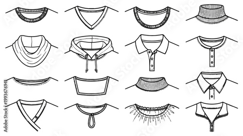 Extensive Vector Illustration Set of Different Neckline and Collar Designs for Apparel Creation
