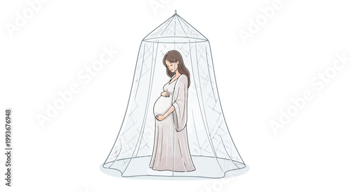 Pregnant woman sleeping peacefully inside protective white mosquito net for malaria prevention isolated on white background