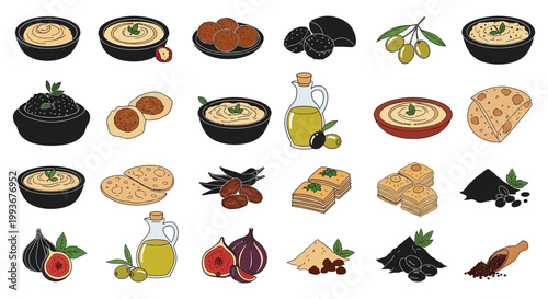 A colorful assortment of middle eastern food items including hummus olives and figs presented as a flat lay silhouette high quality