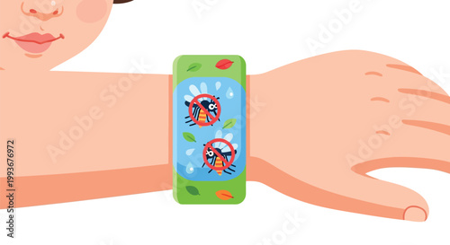 Child arm wearing green mosquito repellent wristband with icons of insects and water splashes isolated on white background