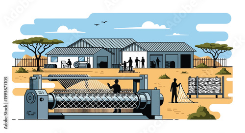 Worker operating large industrial machine to manufacture mosquito nets in factory setting isolated on white background