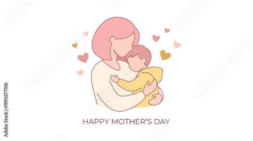 Happy Mother's Day loving mother holding her child illustration with heart shapes