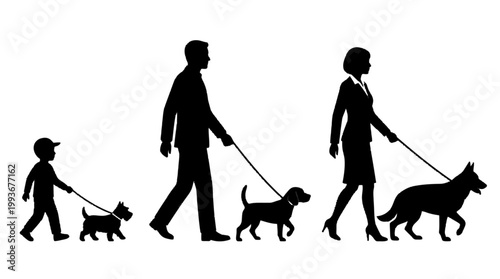 Silhouettes of a happy family walking their beloved dogs, illustrating pet ownership and companionship through different life stages