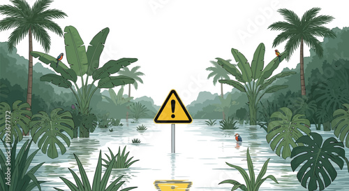 Warning sign in a flooded tropical jungle environment with palm trees and dense vegetation isolated on white background